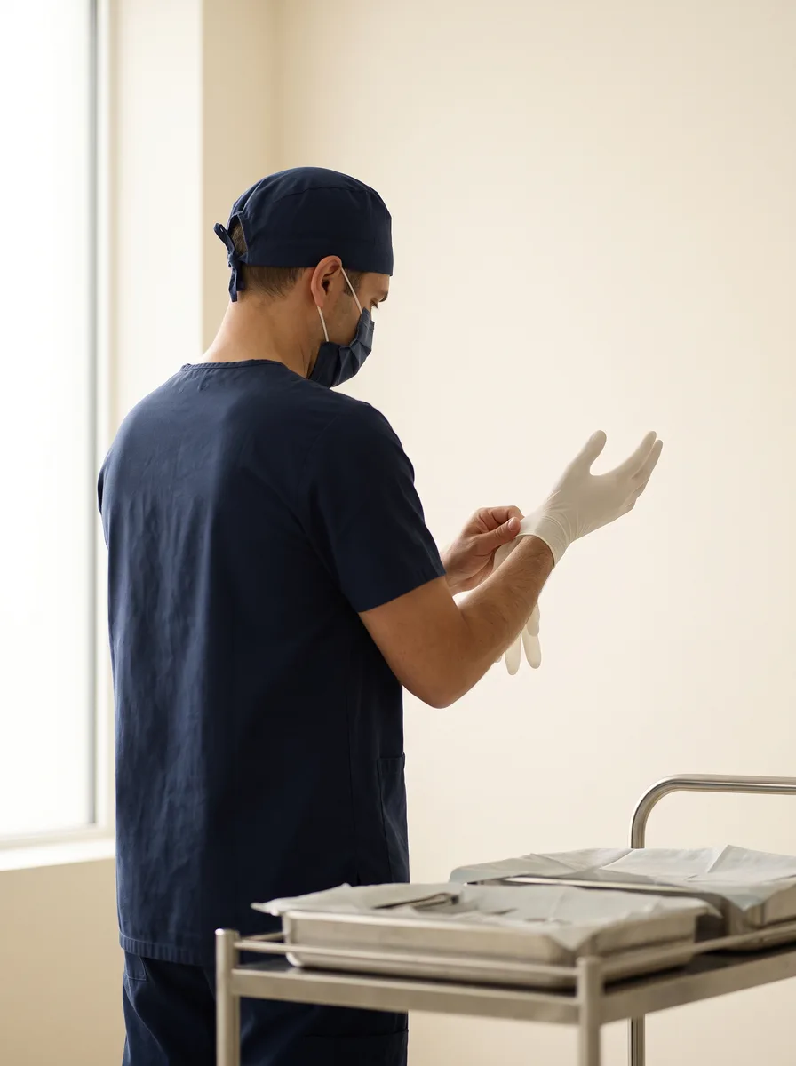 A surgeon in scrubs pulling on a sterile glove, photographed for Goals